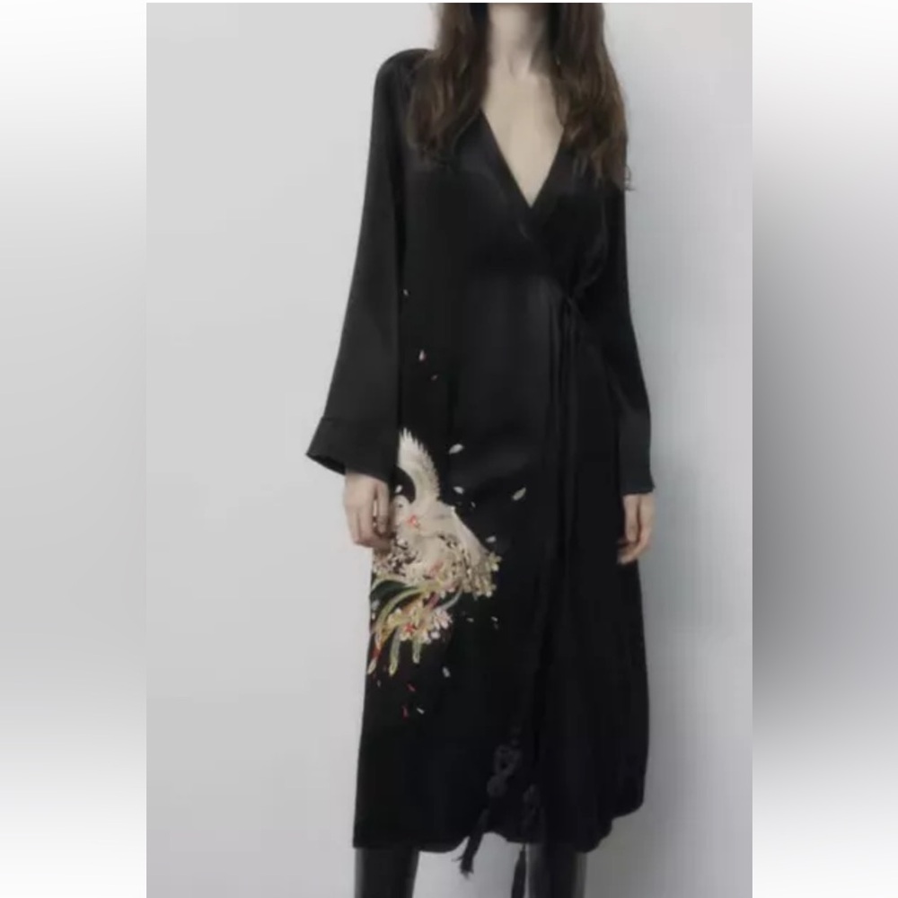 Zara kimono dress black satin with bird embroidered